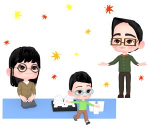 もみじ狩りをする3人家族のイラスト