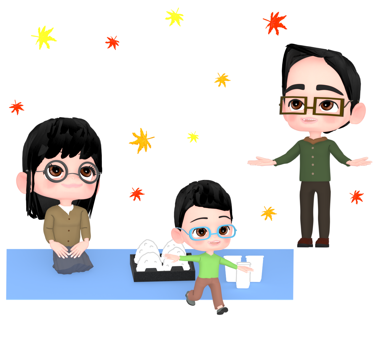 もみじ狩りをする3人家族のイラスト