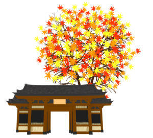 もみじの木と秋のお寺のイラスト