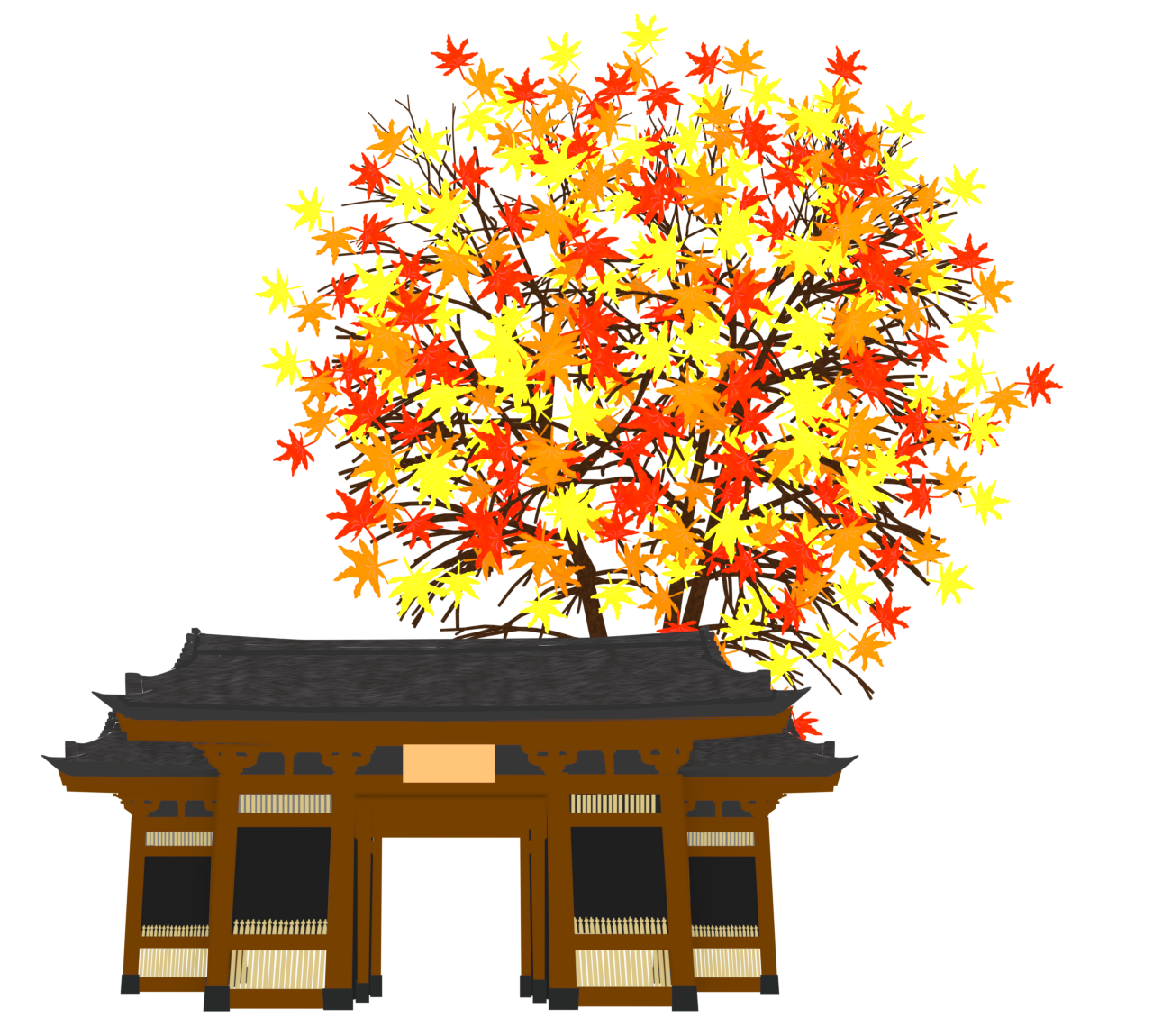 もみじの木と秋のお寺のイラスト