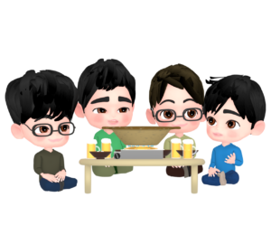 男子会で鍋料理を食べるイラスト