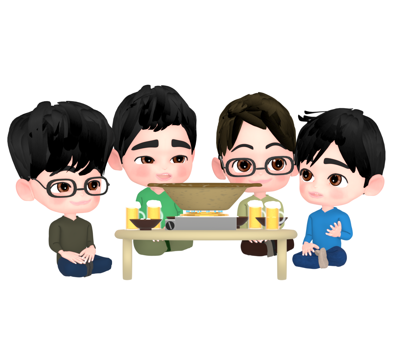 男子会で鍋料理を食べるイラスト