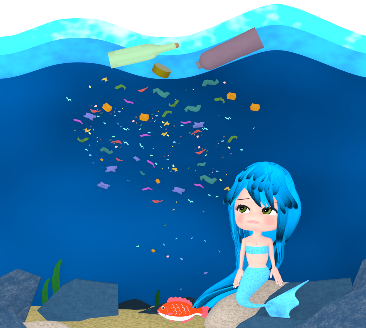 人魚が悲しむプラスチック汚染のイラスト