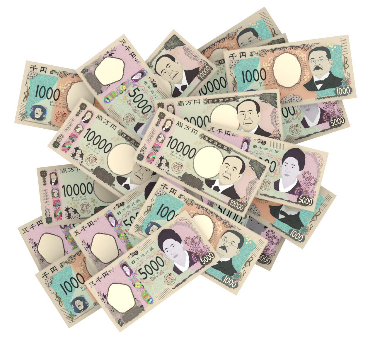 乱雑に並ぶ紙幣のイラスト