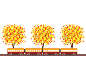 もみじの木が並ぶ電車通りのイラスト