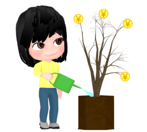 金のなる木に水をやる女性のイラスト