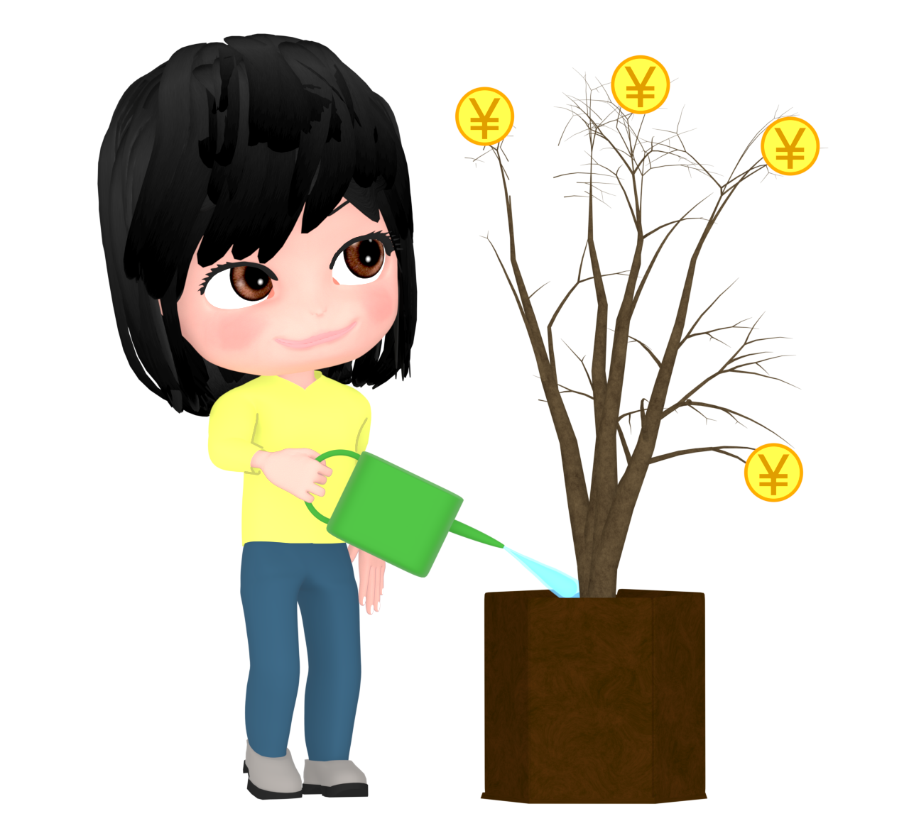 金のなる木に水をやる女性のイラスト