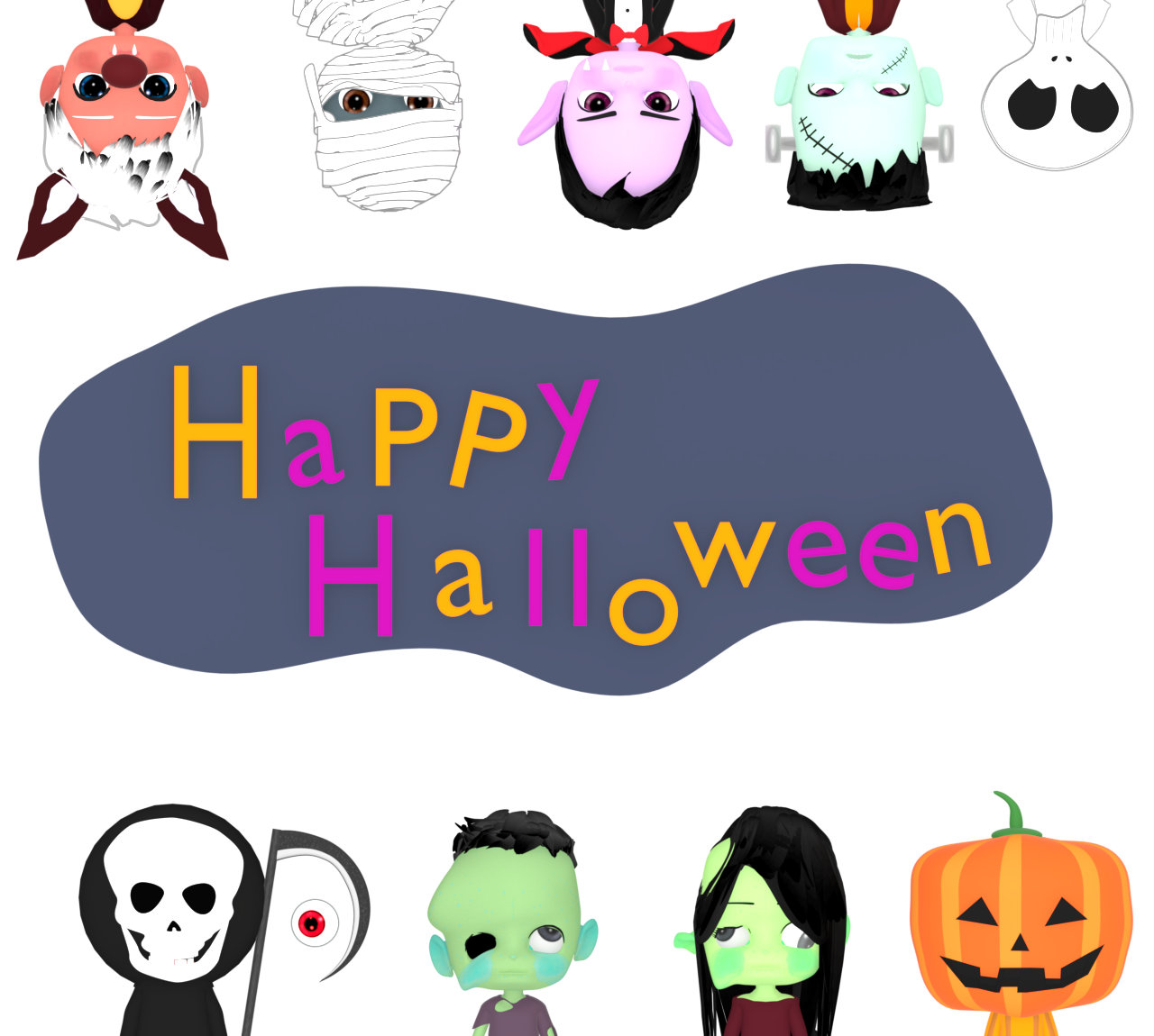 モンスターが並ぶメッセージカード（テンプレート）