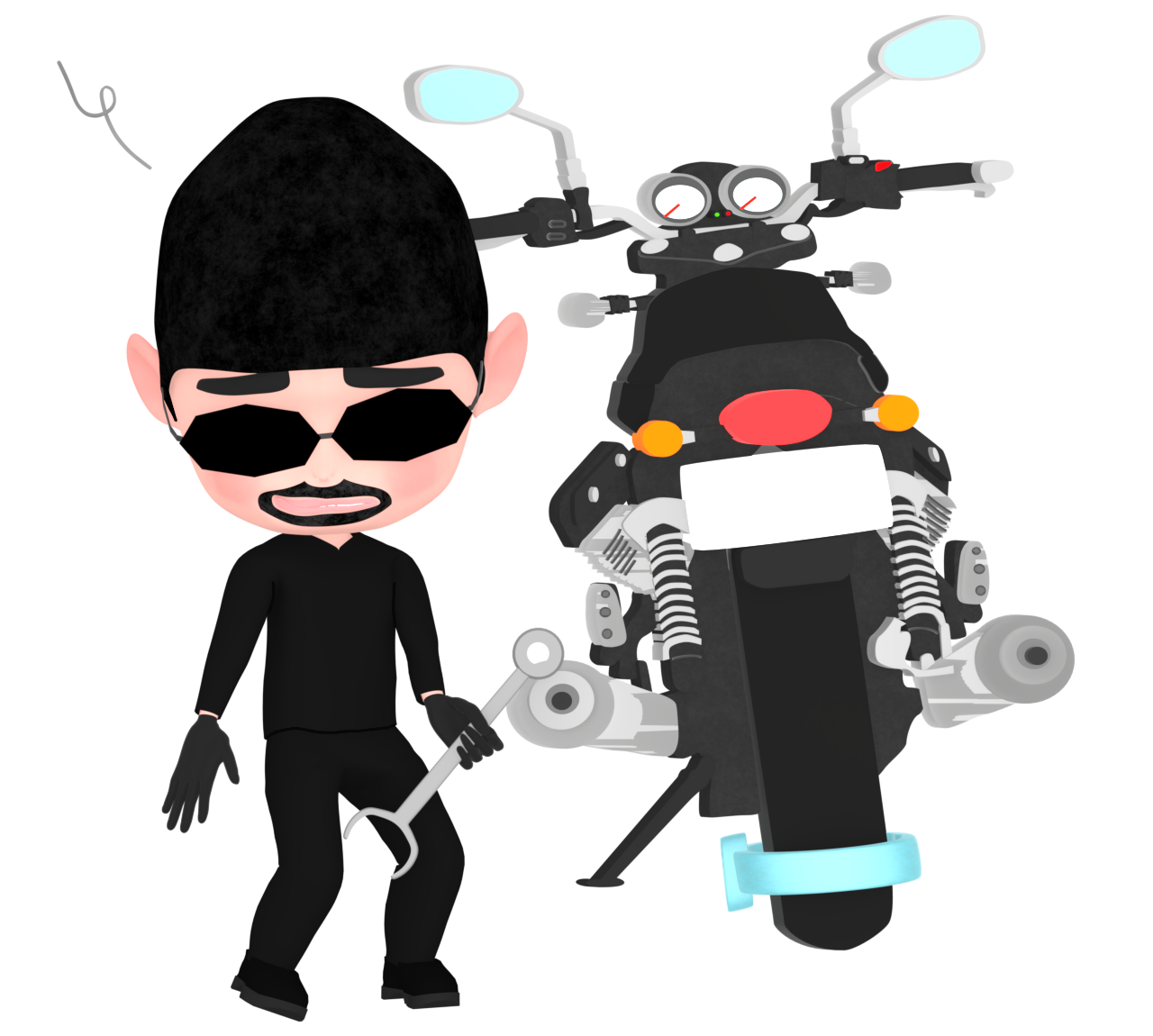 バイクの窃盗に苦戦をする泥棒のイラスト