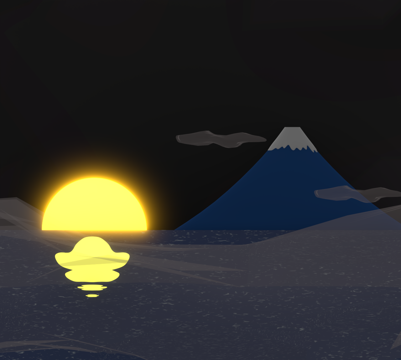 富士山と水面から昇る初日の出のイラスト