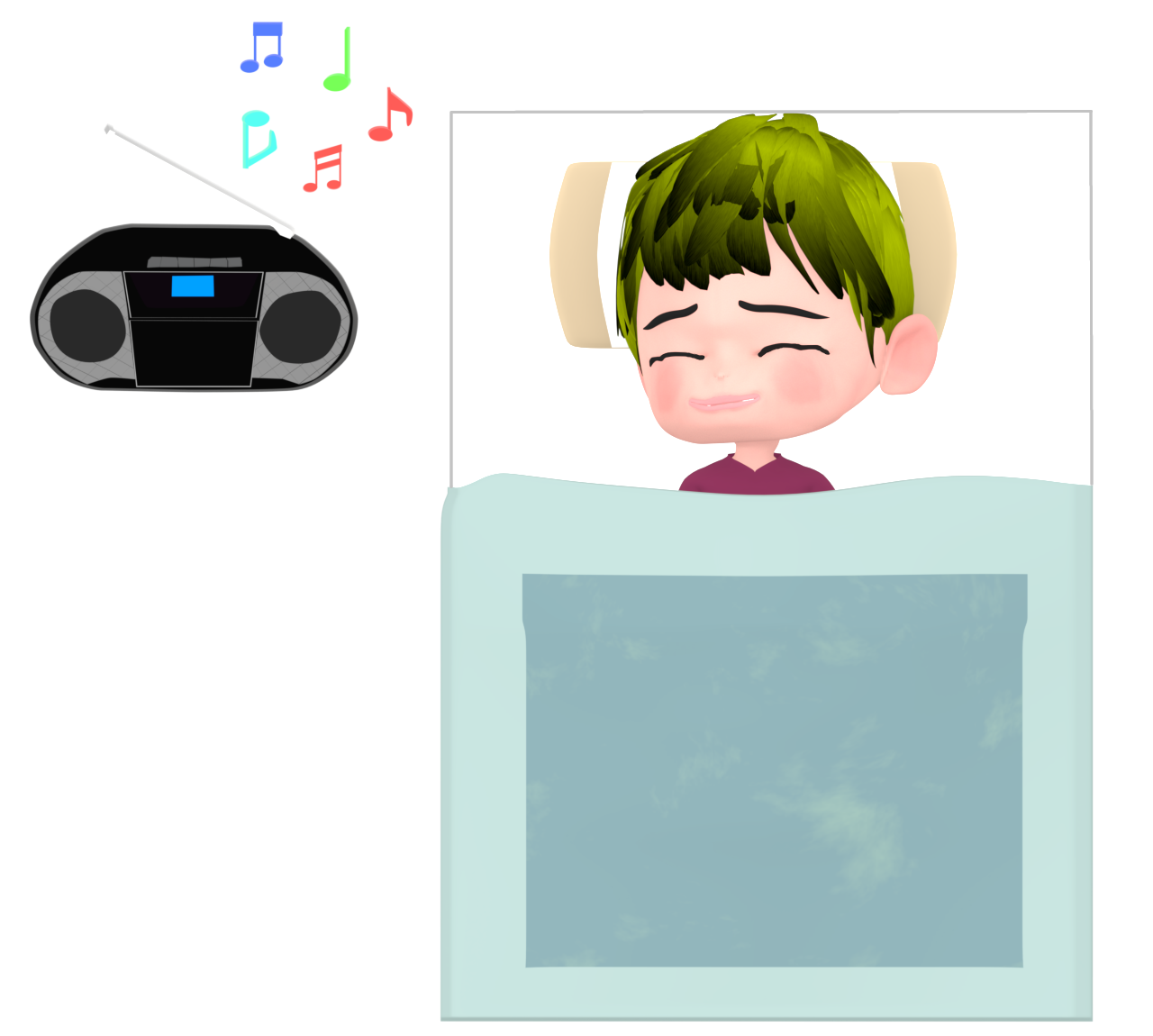 音楽を聴いて寝る男性のイラスト
