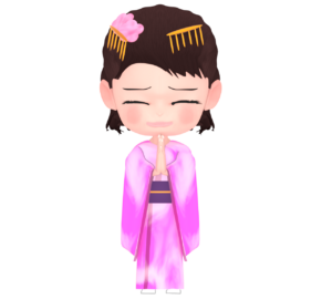 初詣でお参りする着物姿の女性のイラスト