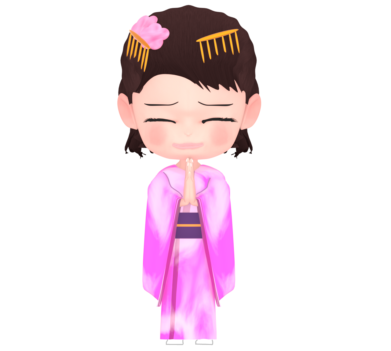 初詣でお参りする着物姿の女性のイラスト