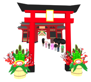 初詣に並ぶ参拝者のイラスト