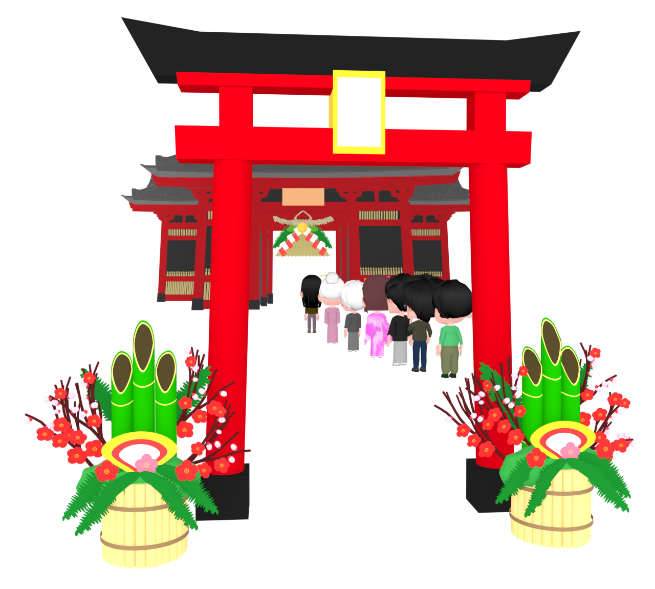 初詣に並ぶ参拝者のイラスト