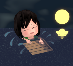 夜の海で漂流をする女性のイラスト