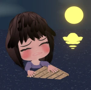 夜の海で漂流する女性のイラスト