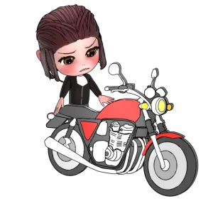 動かないバイクを見る女性のイラスト