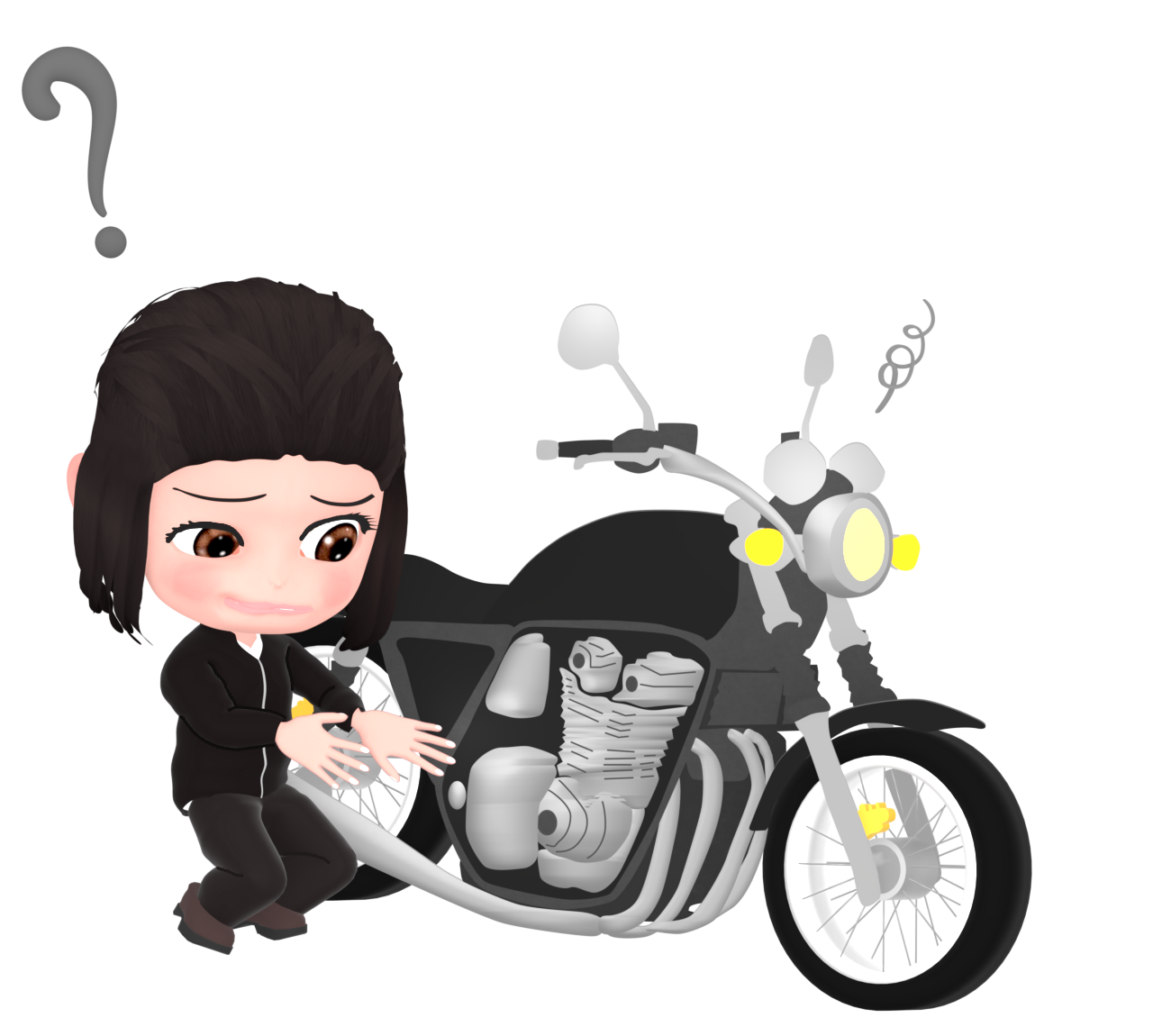 動かないバイクを見る人のイラスト