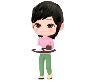 おぼんにケーキとコーヒーをのせて運ぶ女性のイラスト