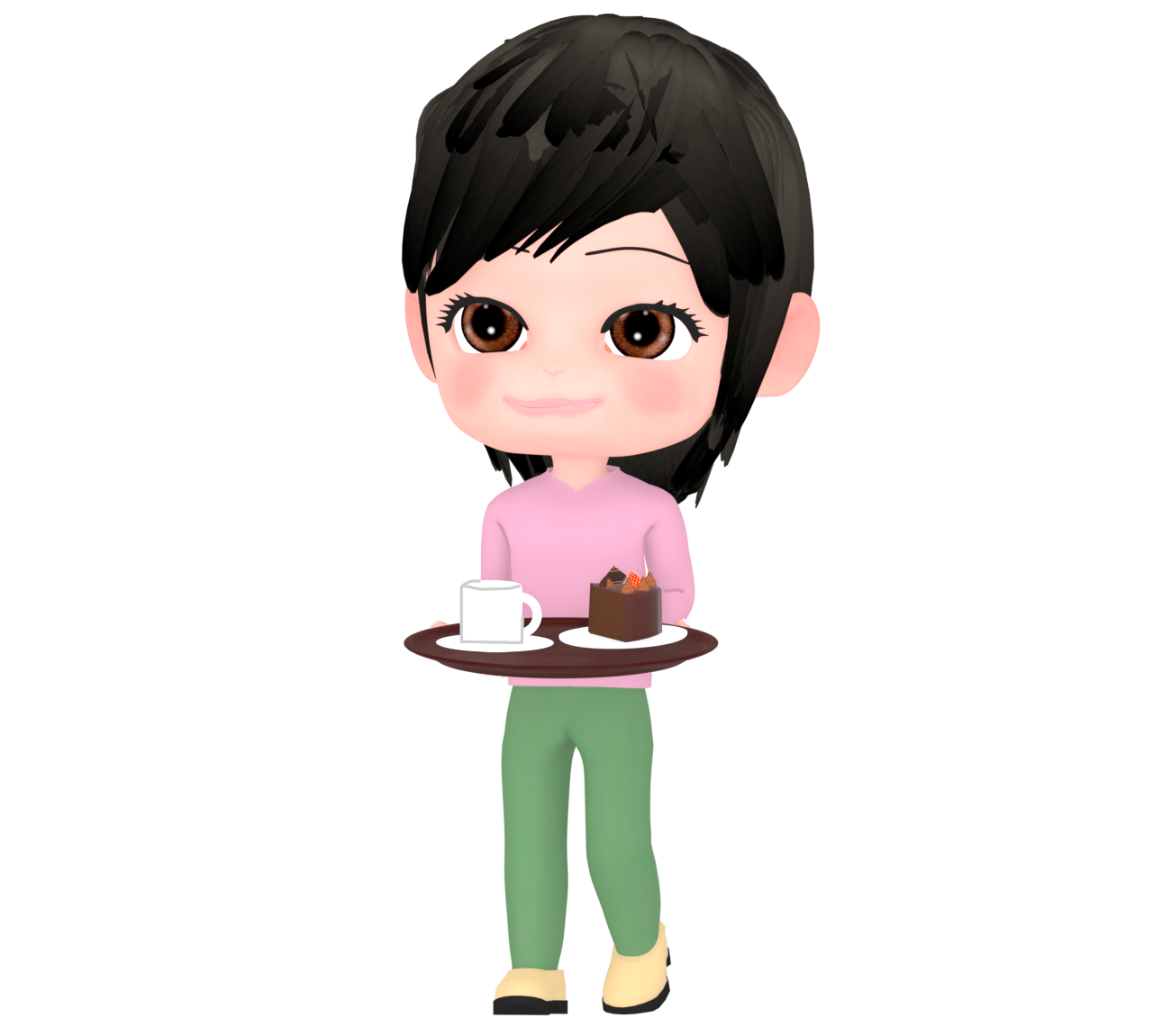 おぼんにケーキとコーヒーをのせて運ぶ女性のイラスト 10 おぼんにケーキとコーヒーをのせて運ぶ女性のイラスト