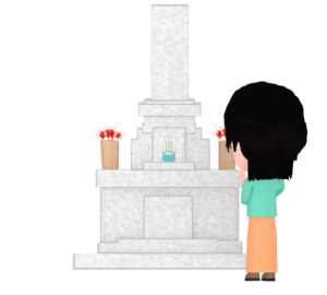 お盆にお墓参りをする女性のイラスト