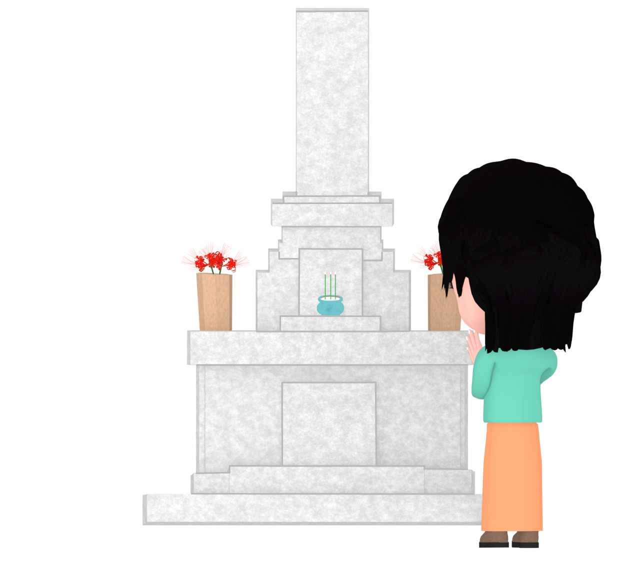 お盆にお墓参りをする女性のイラスト