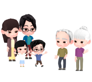 お盆休みに帰省をした家族のイラスト