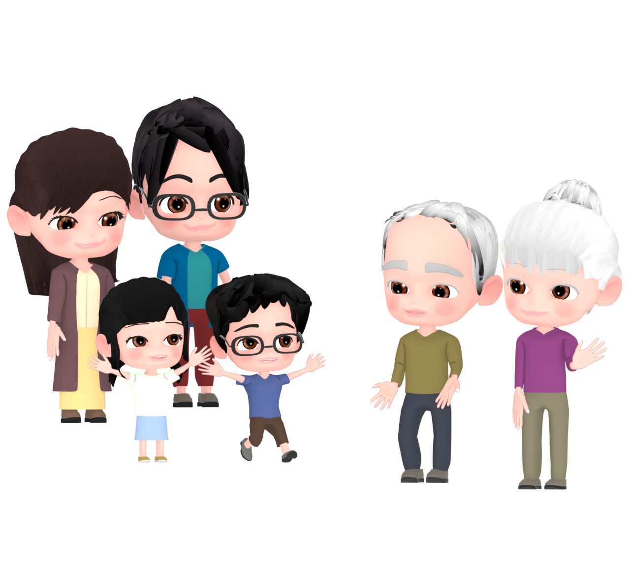 お盆休みに帰省をした家族のイラスト