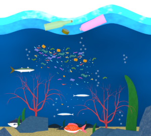 海に流出をするマイクロプラスチックのイラスト