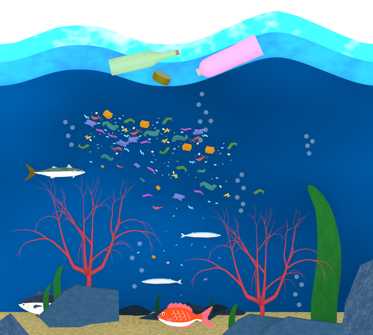 海に流出をするマイクロプラスチックのイラスト