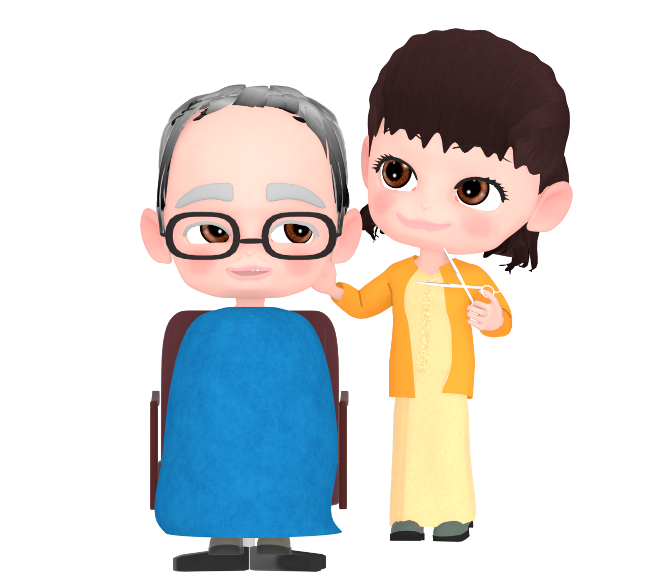 おじいちゃんの髪を切る女性美容師のイラスト