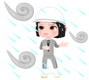 現場から台風の中継をする女性アナのイラスト