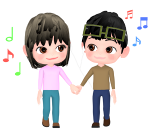 一つのイヤホンを二人で聴く恋人のイラスト