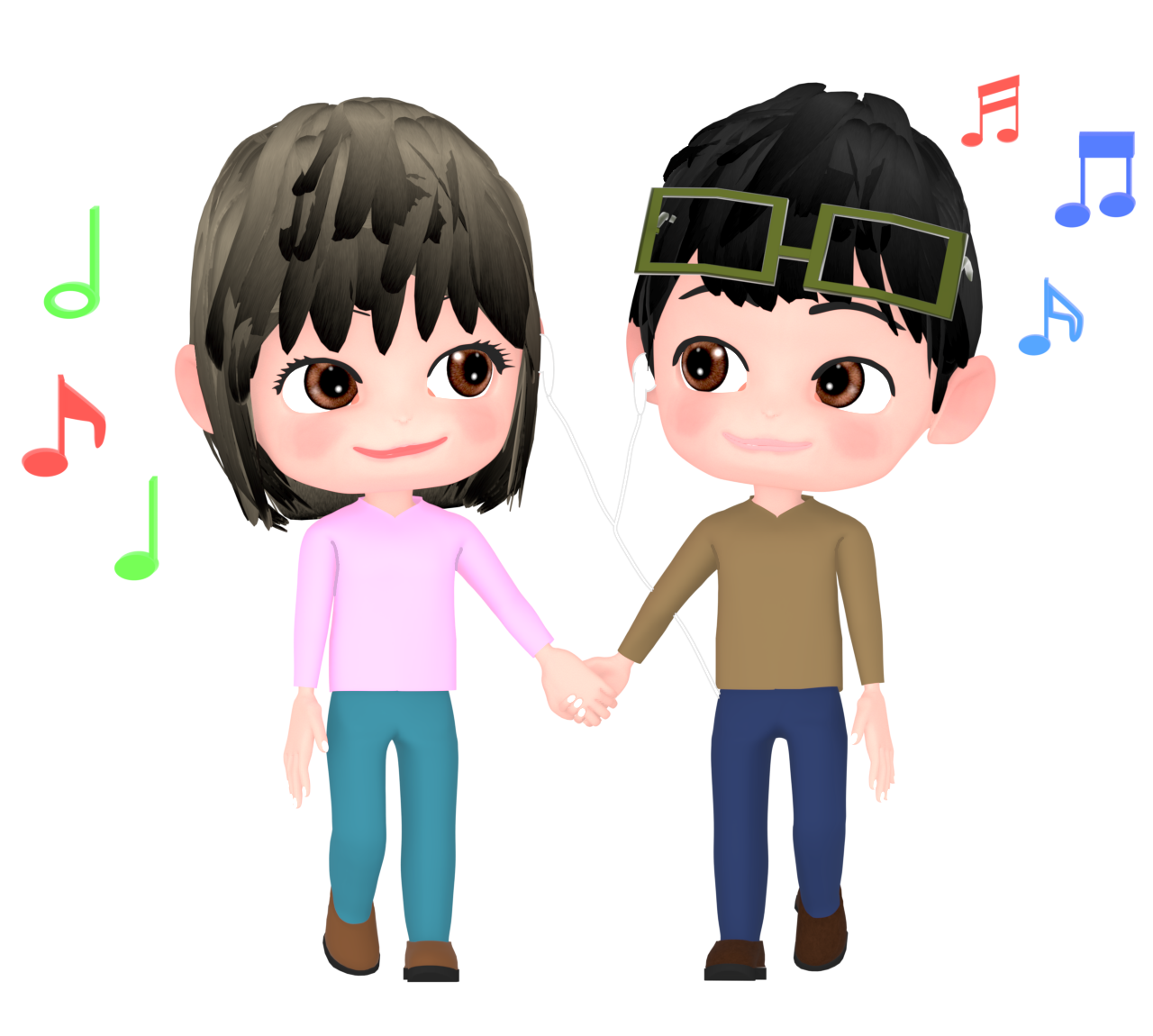 一つのイヤホンを二人で聴く恋人のイラスト