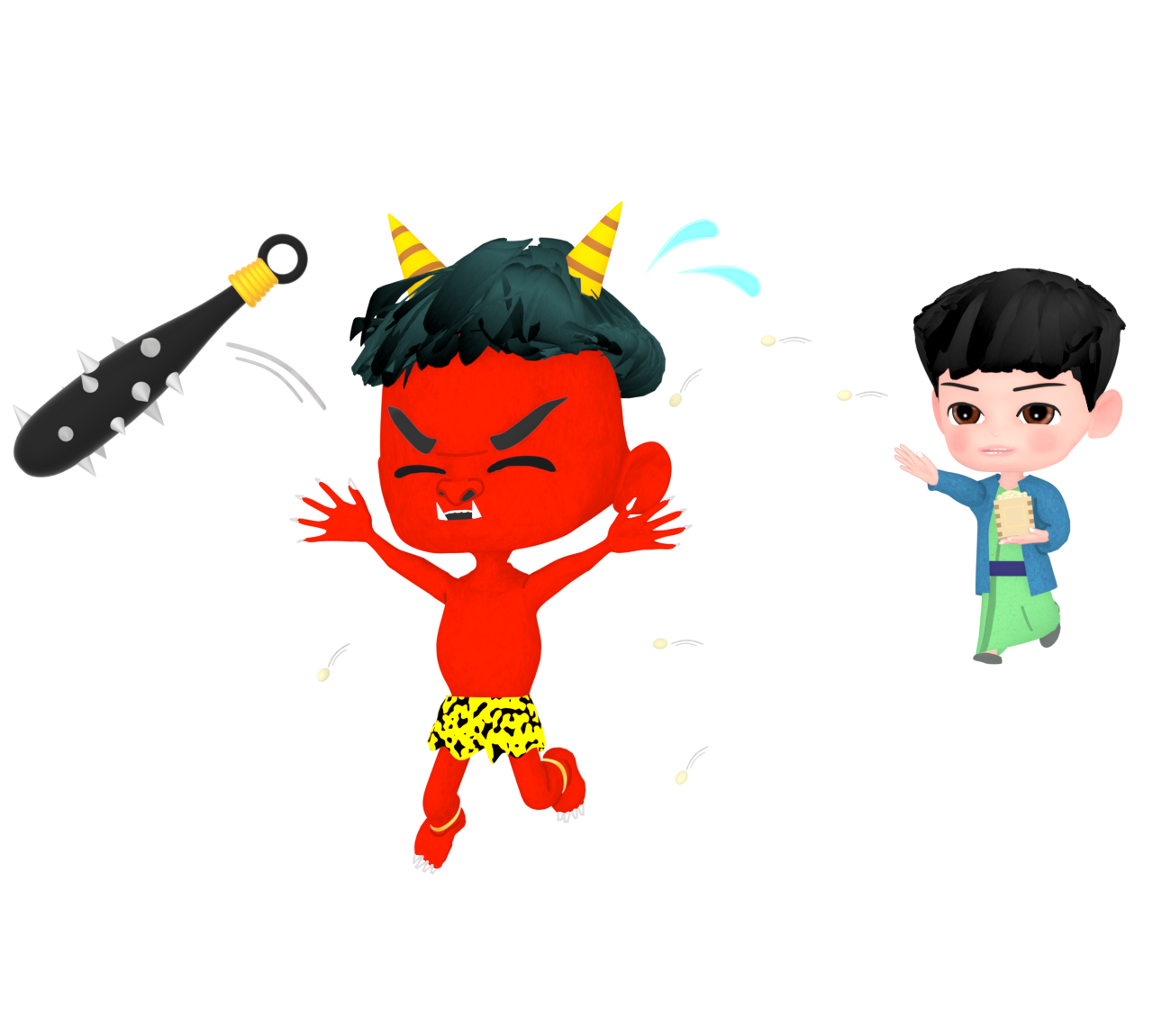 鬼に豆まきをする男の子のイラスト