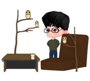 フクロウカフェを満喫する男性のイラスト
