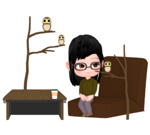 フクロウカフェで癒される女性のイラスト