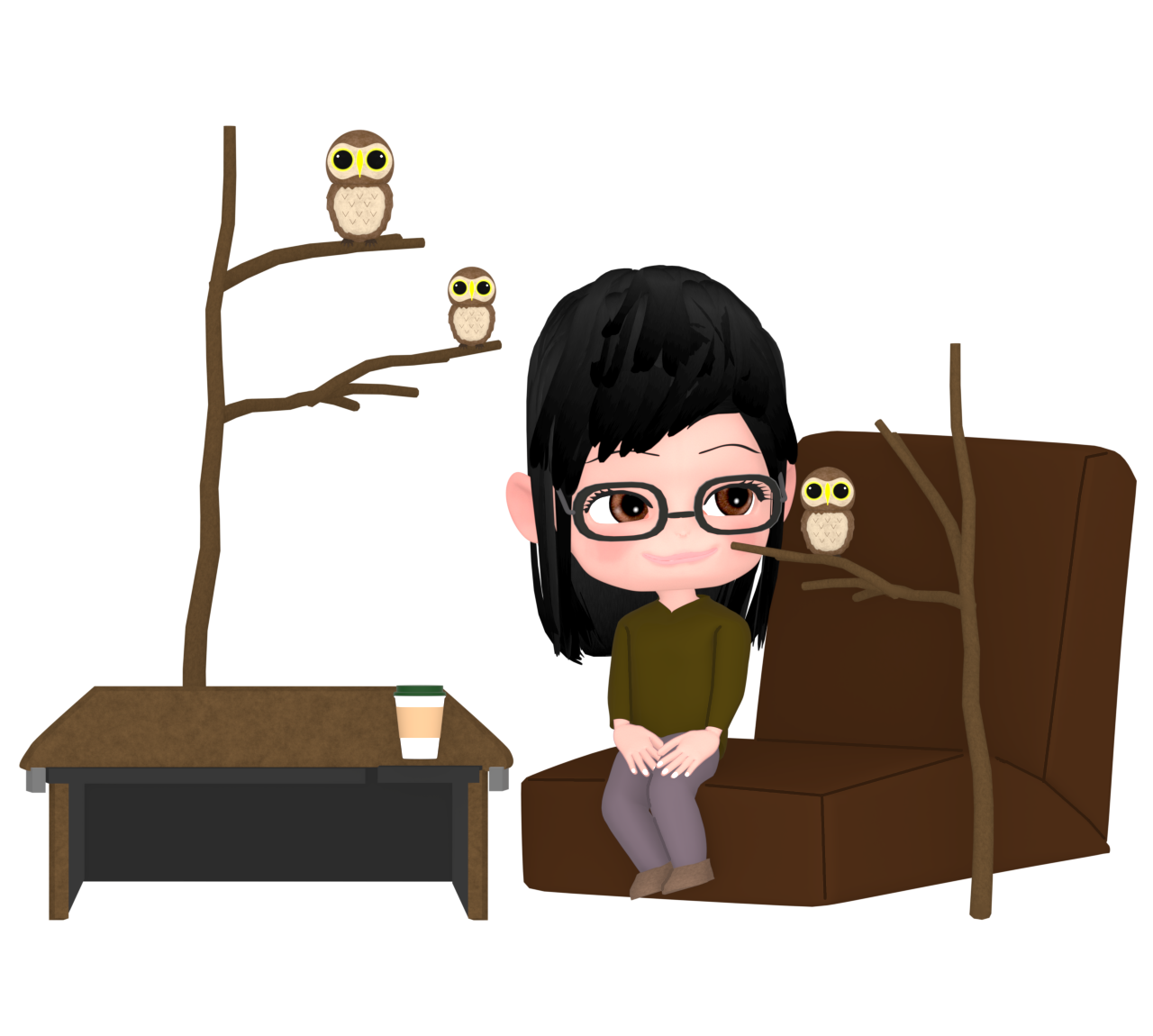 フクロウカフェで癒される女性のイラスト