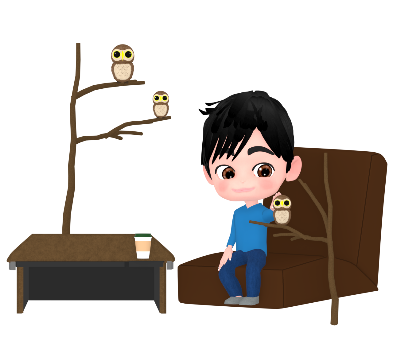 フクロウを触る男性のイラスト