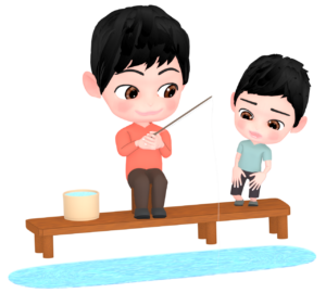 親子で楽しむ釣り堀のイラスト