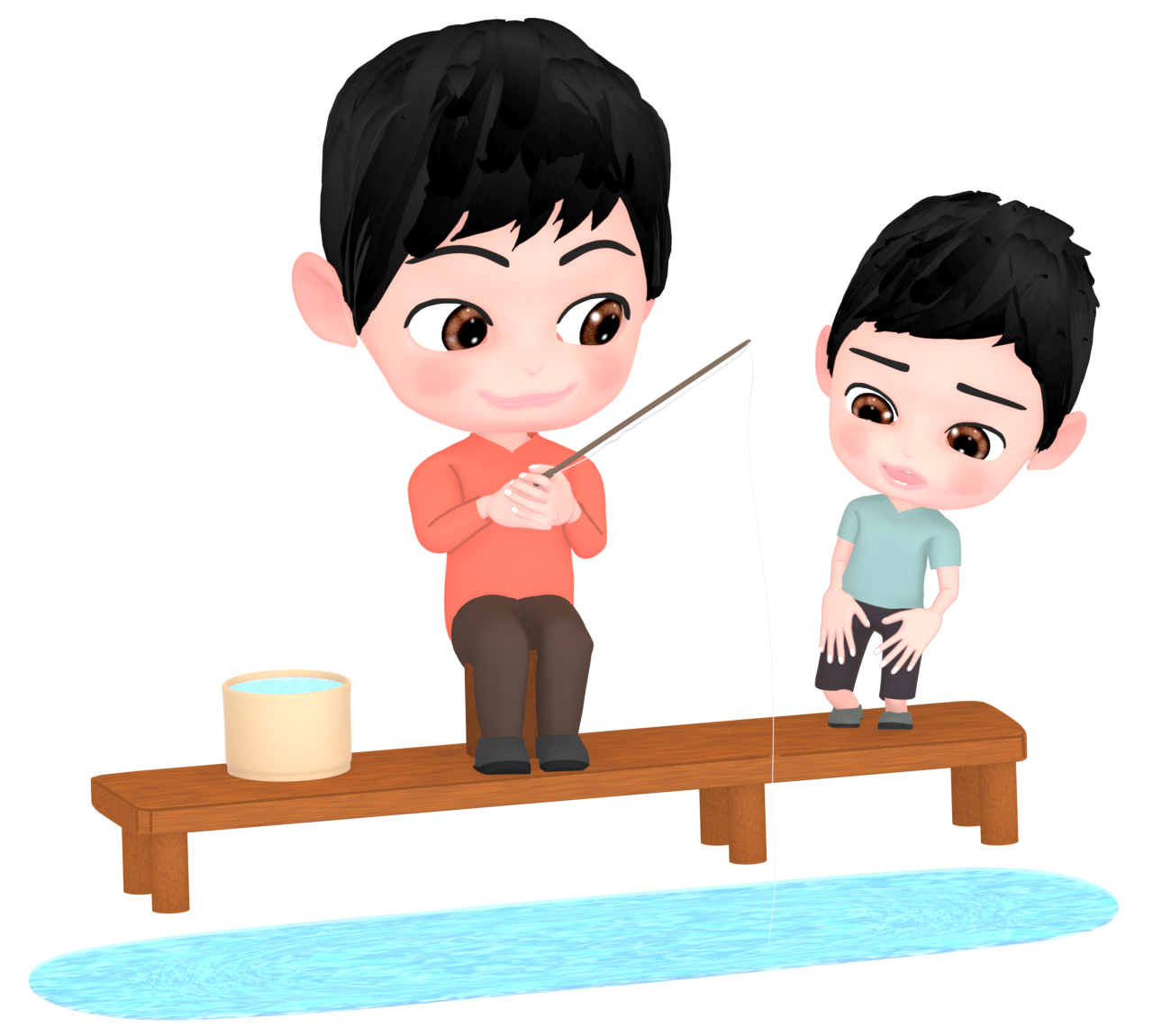 親子で楽しむ釣り堀のイラスト
