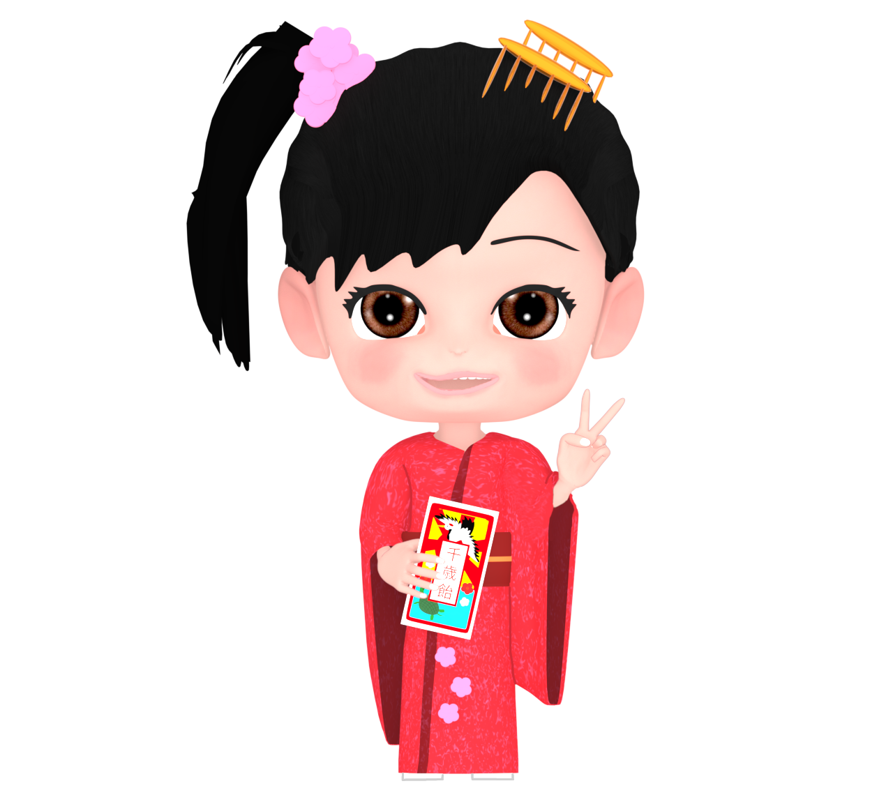 ピースをする着物の女の子のイラスト（七五三）