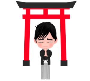 神社でお参りをする男性のイラスト