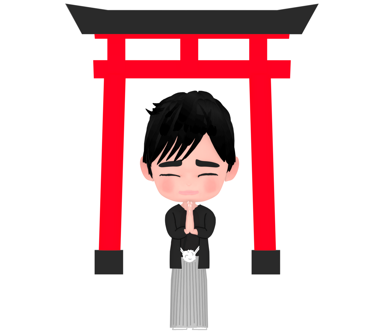 神社でお参りをする男性のイラスト