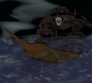 海賊旗を広げる海賊船のイラスト（ドクロ）