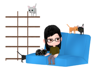 ネコと猫カフェで遊ぶ女性のイラスト