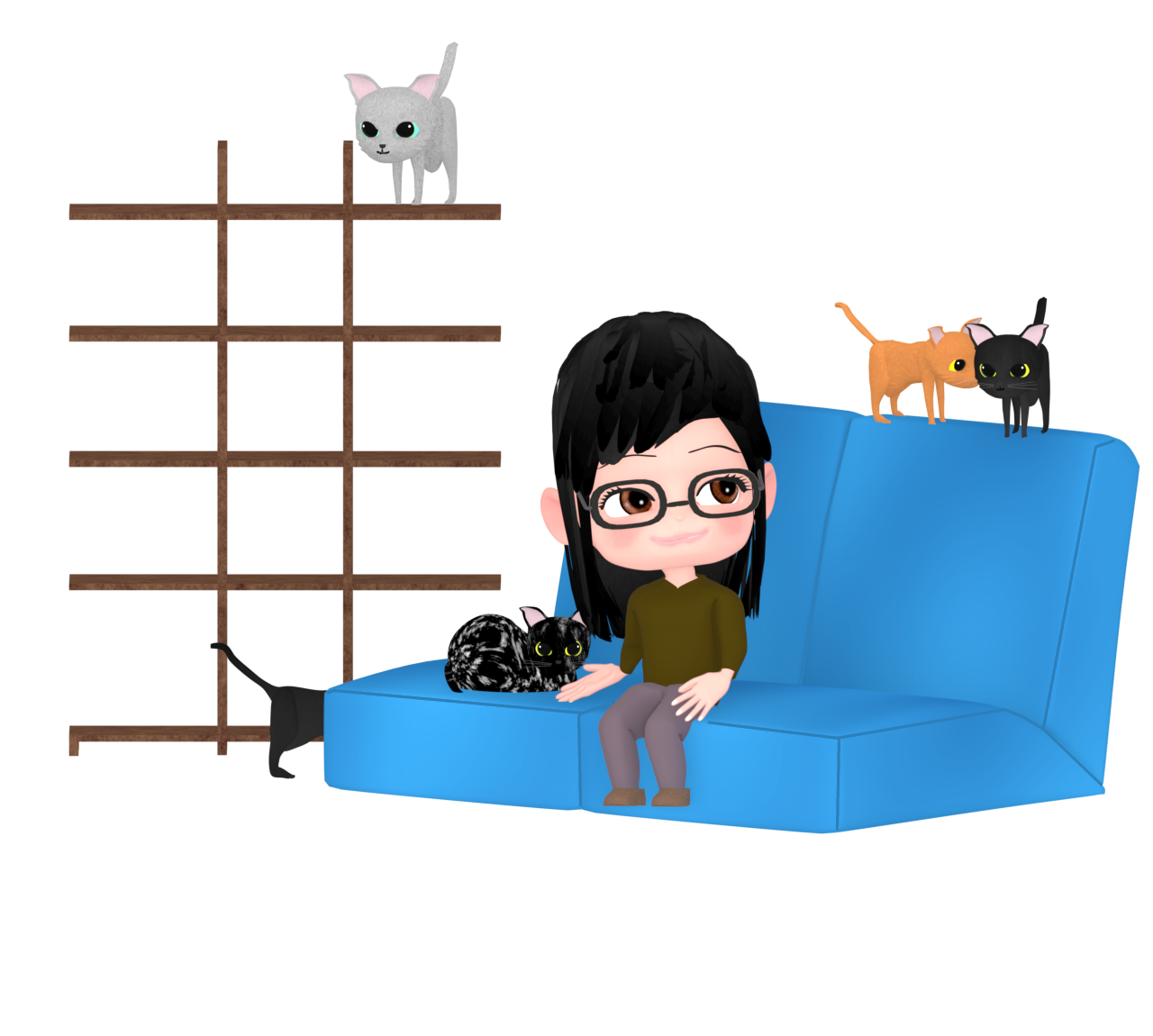 ネコと猫カフェで遊ぶ女性のイラスト