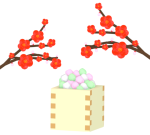 梅の花と枡の中のひなあられのイラスト
