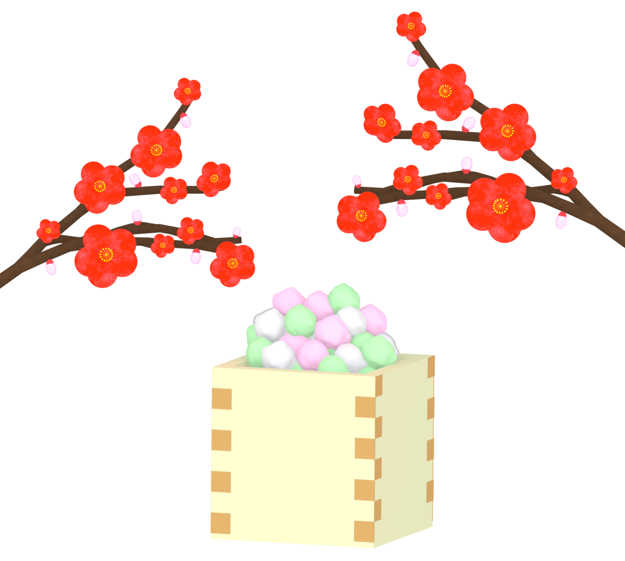 梅の花と枡の中のひなあられのイラスト